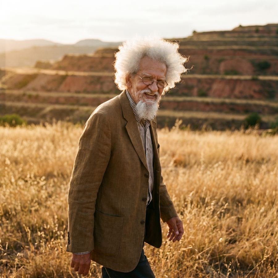 Homem de cabelo branco caminhando num campo dourado no fim da tarde