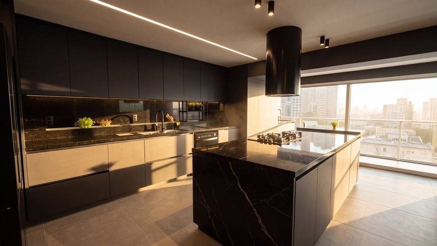 Cozinha com bancada de mármore escuro, abertura do site da Silvagran